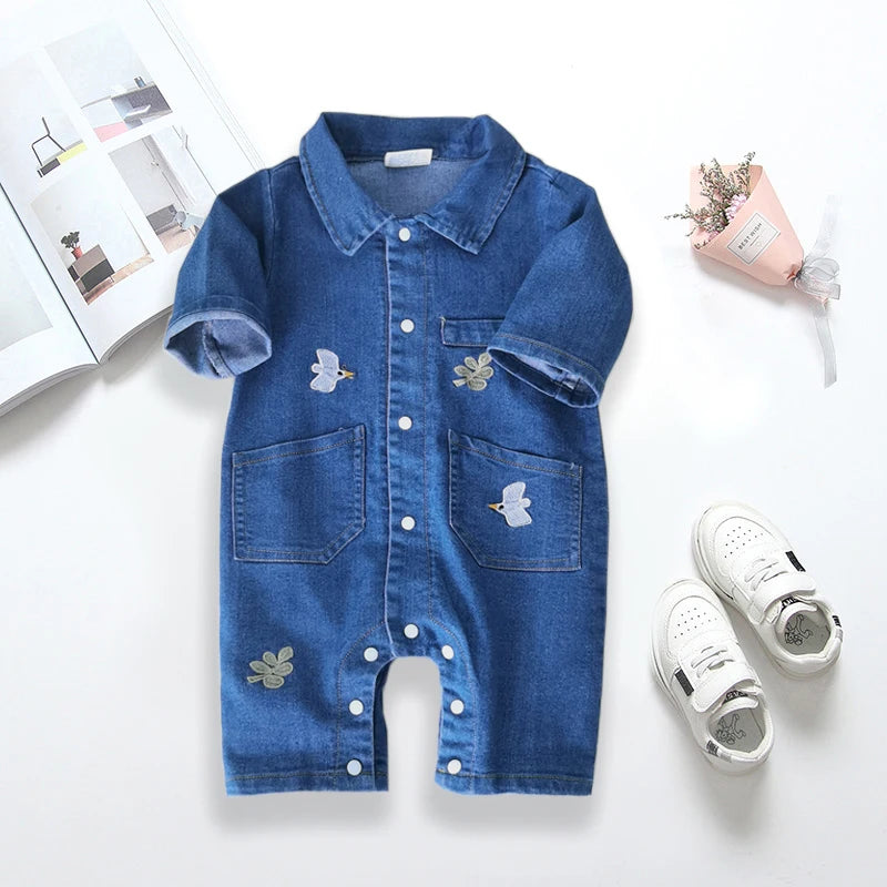 Collared Baby Denim Romper by IENENS with Chest Pockets and Snap Fastenings, Blue Long Sleeve One-Piece Outfit for Boys and Girls in 0-18M Sizes