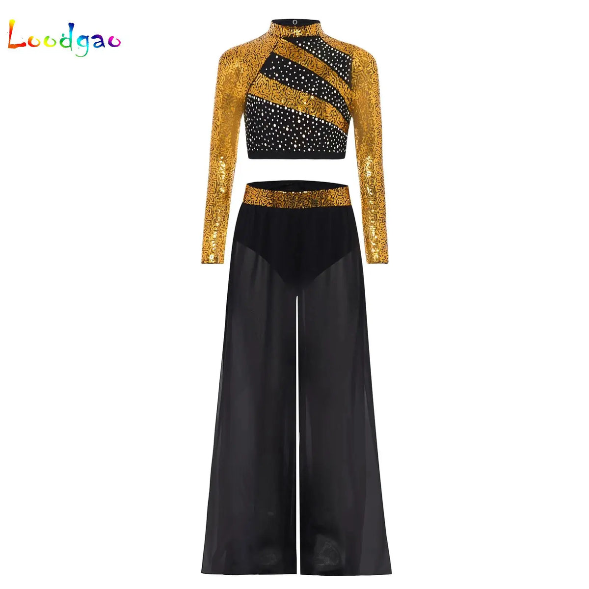 Girls Lyrical Dance Costume Set with Mock Neck Sparkle Top and Wide Leg Pants, Chiffon Overlay and Sleeveless Styles for Recitals and Stage Performances