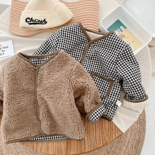 Toddler Reversible Plaid Jacket with Plush Reverse, V-Neck Snap Front and Patch Pockets, Brown or Beige Kids Fall Winter Layer, Sizes 12M-6T