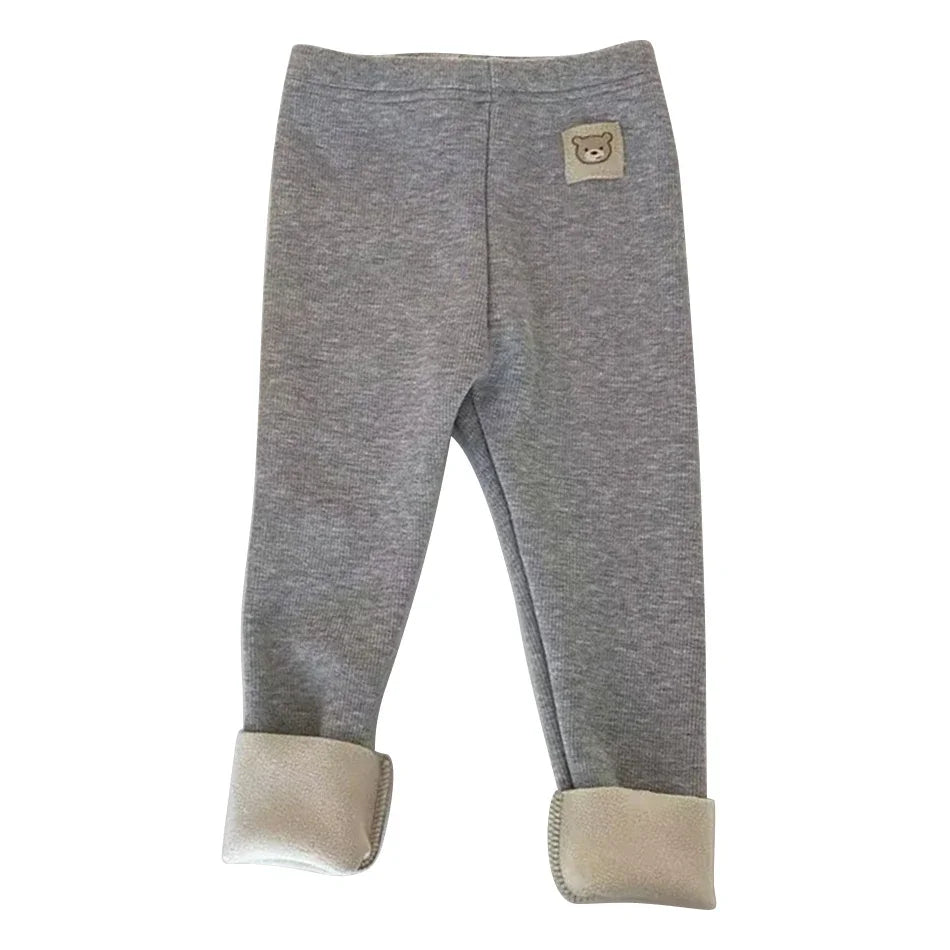 Ribbed Toddler Fleece Lined Pants with Bear Patch, Elastic Waist Pull-On Winter Trousers for Boys and Girls, Listed Sizes 12M to 6T