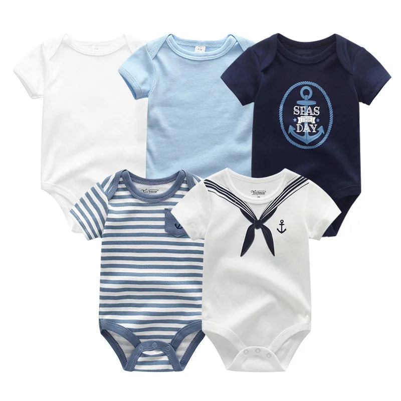 Cotton Baby Bodysuit Set of 5, Short Sleeve and Sleeveless Infant Clothing Styles with Solid Colors and Prints for Boys and Girls, 3M-12M