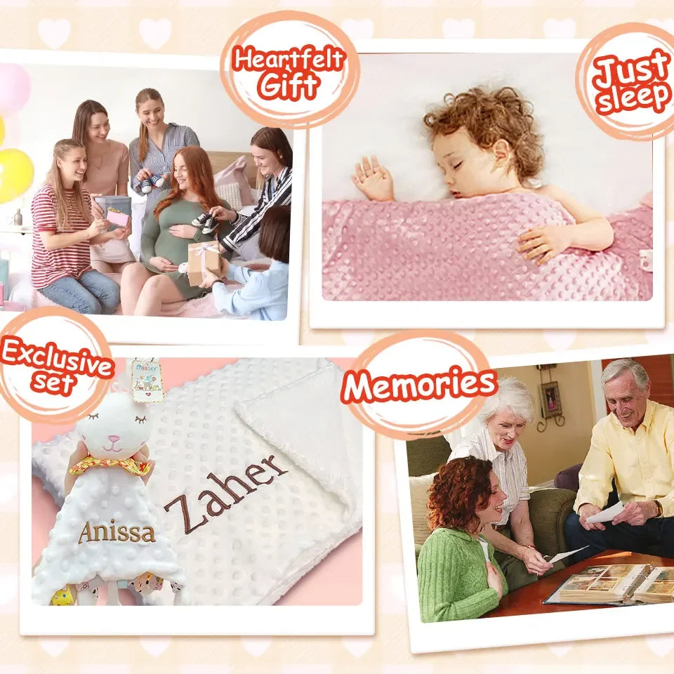 Embroidered Name Baby Blanket and Animal Comforter Options, Personalized Minky Bubble-Texture Keepsake with Single-Item and Two-Piece Gift Choices