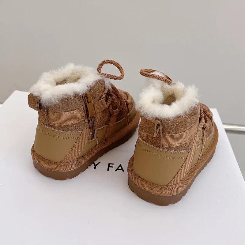 Plush-Lined Toddler Ankle Boots with Lace-Up Front and Side Zipper, Camel or Black Winter Shoes for Boys and Girls, Sizes 18-30