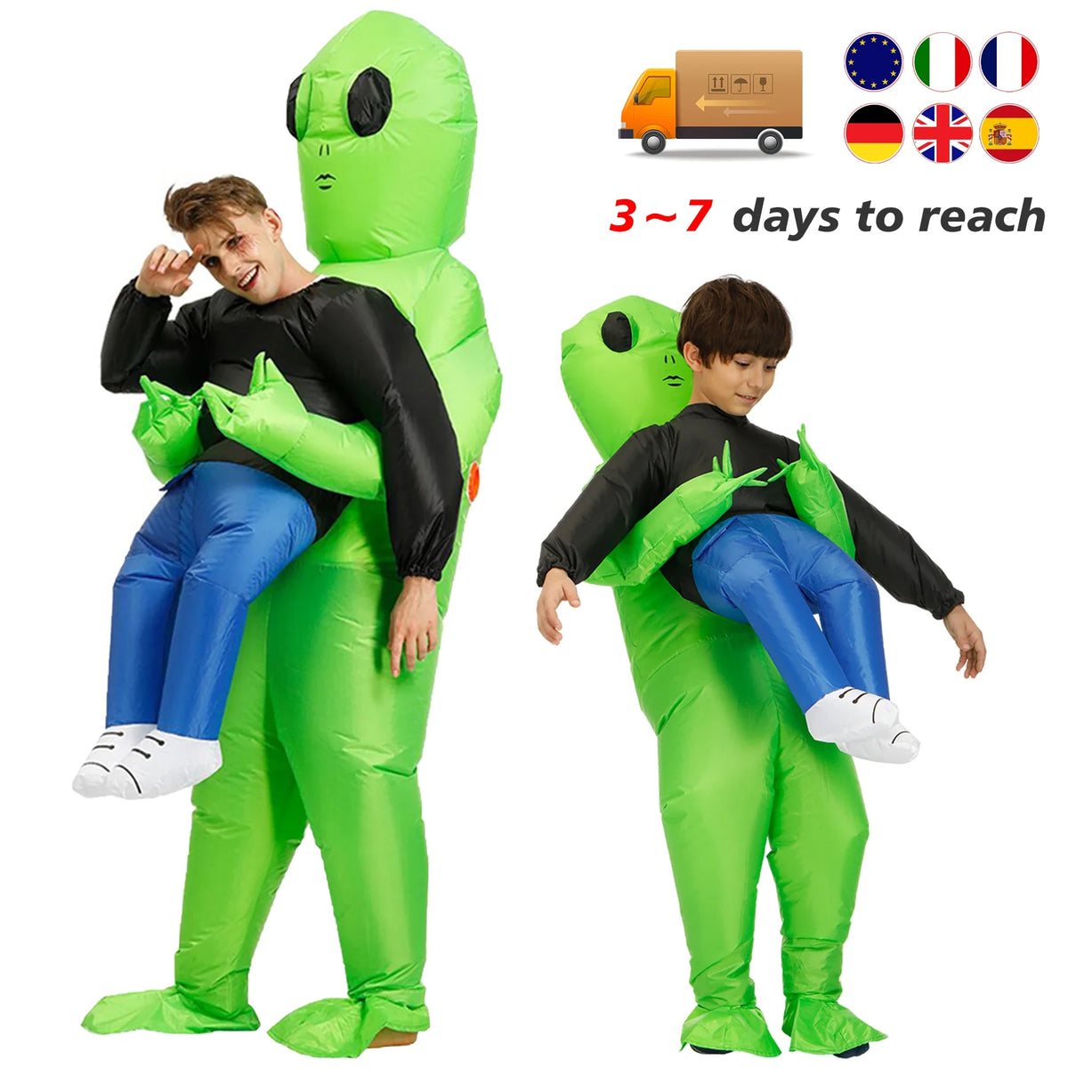 Carry-Me Alien Inflatable Costume for Kids and Adults, Green Abduction Illusion Suit with Fan and Battery Case for Halloween Parties and Stage Shows