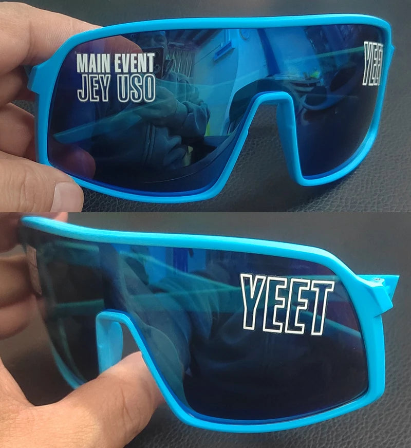 YEET Graphic Sunglasses with Jey Uso Main Event Lettering, Colorful Shield-Style Fan Shades in Children's and Adult Options for Party Outfits