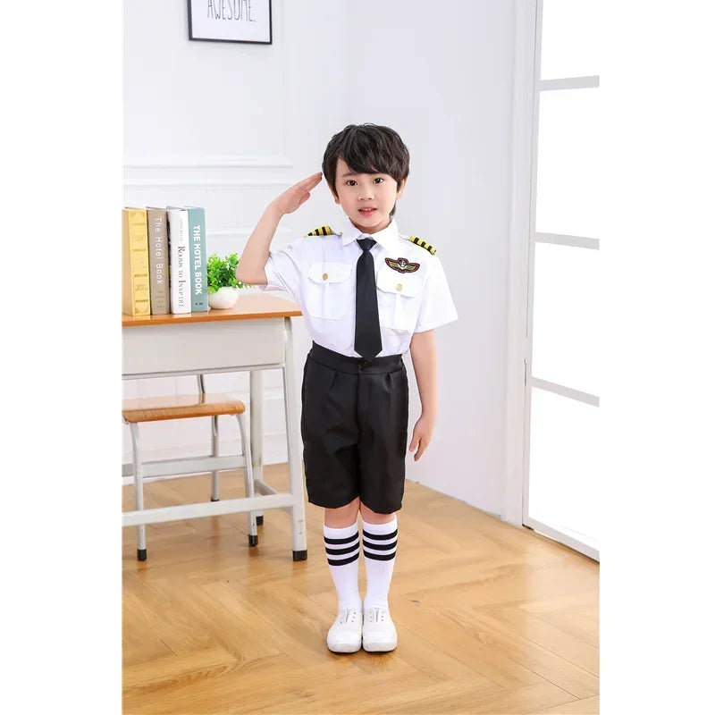Kids Pilot Costume for Boys and Girls, Airline Captain Uniform-Style Outfit with Short Sleeve Shirt Styling for Career Day and Halloween