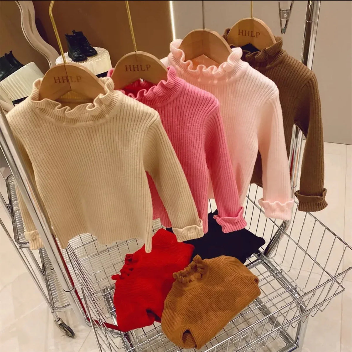 Toddler Lettuce Edge Sweater, Ribbed Knit Mock Neck Pullover with Long Sleeves for Boys and Girls, Six Solid Colors, Sizes 12-18M to 6-7Y