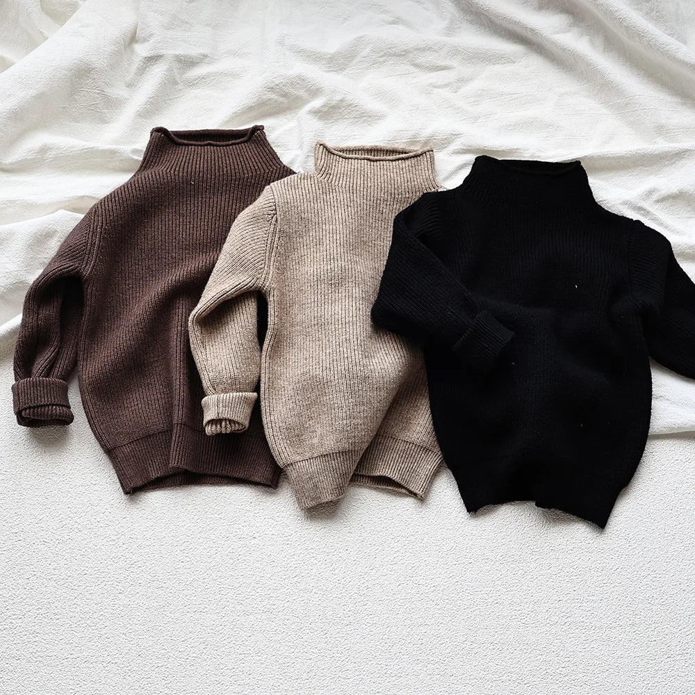 Kids Ribbed Turtleneck Sweater for Boys and Girls, Long Sleeve Knit Pullover in Beige, Brown or Black for Spring and Fall Layering, Sizes 12M-6T