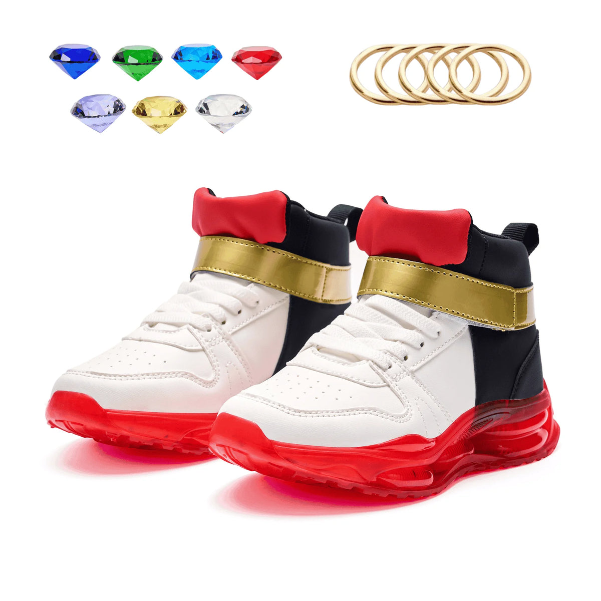 Shadow-Inspired High-Top Sneakers with Red Soles, White and Black Panels and Gold Strap Detail for Kids, Teens and Adult Casual Outfits