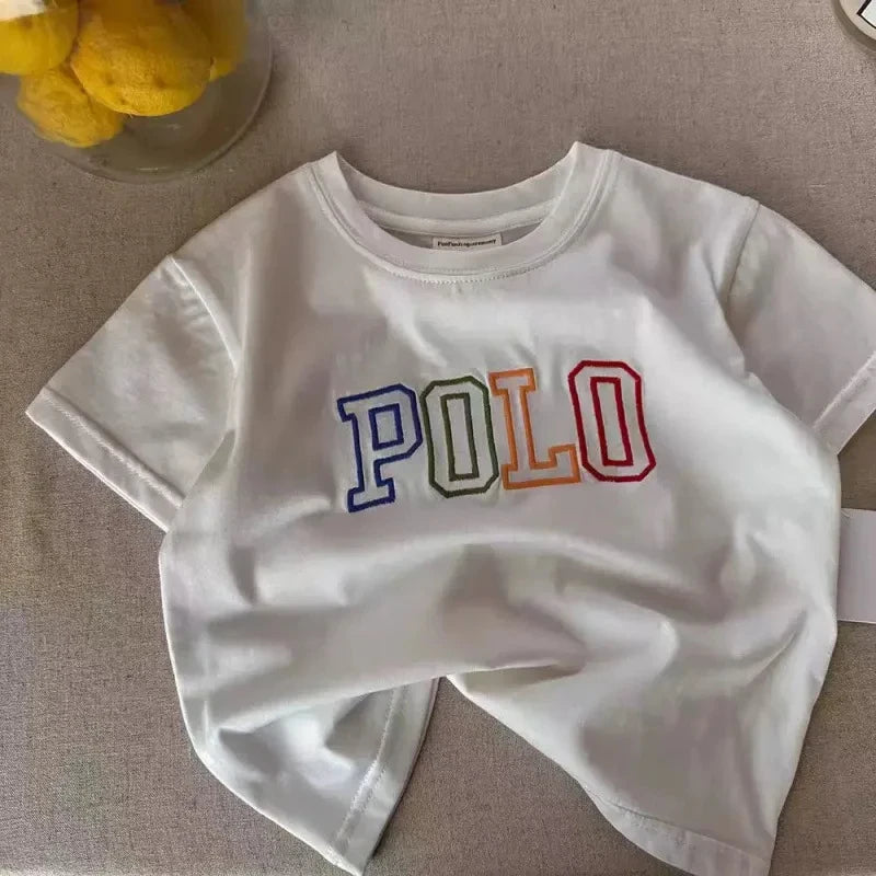 Kids Letter Print T-Shirt in Cotton with Colorful Outlined Graphic, Short Sleeve Crewneck Summer Top for Casual Outfits and Family Outings