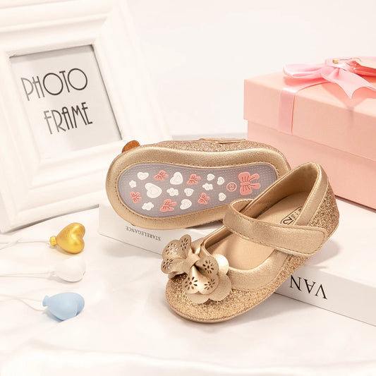 Gold Baby Girl Dress Shoes with Floral Cutout Bow, Glitter Toe and Mary Jane Strap, Infant Party and Photo Outfit Shoes in 0-18 Month Sizes