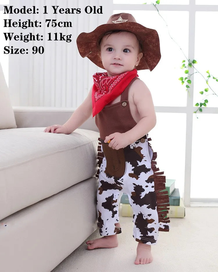 Cow Print Baby Cowboy Costume with Fringe Romper, Sheriff Hat and Red Bandana, Western Birthday Dress-Up Outfit with Sock Options