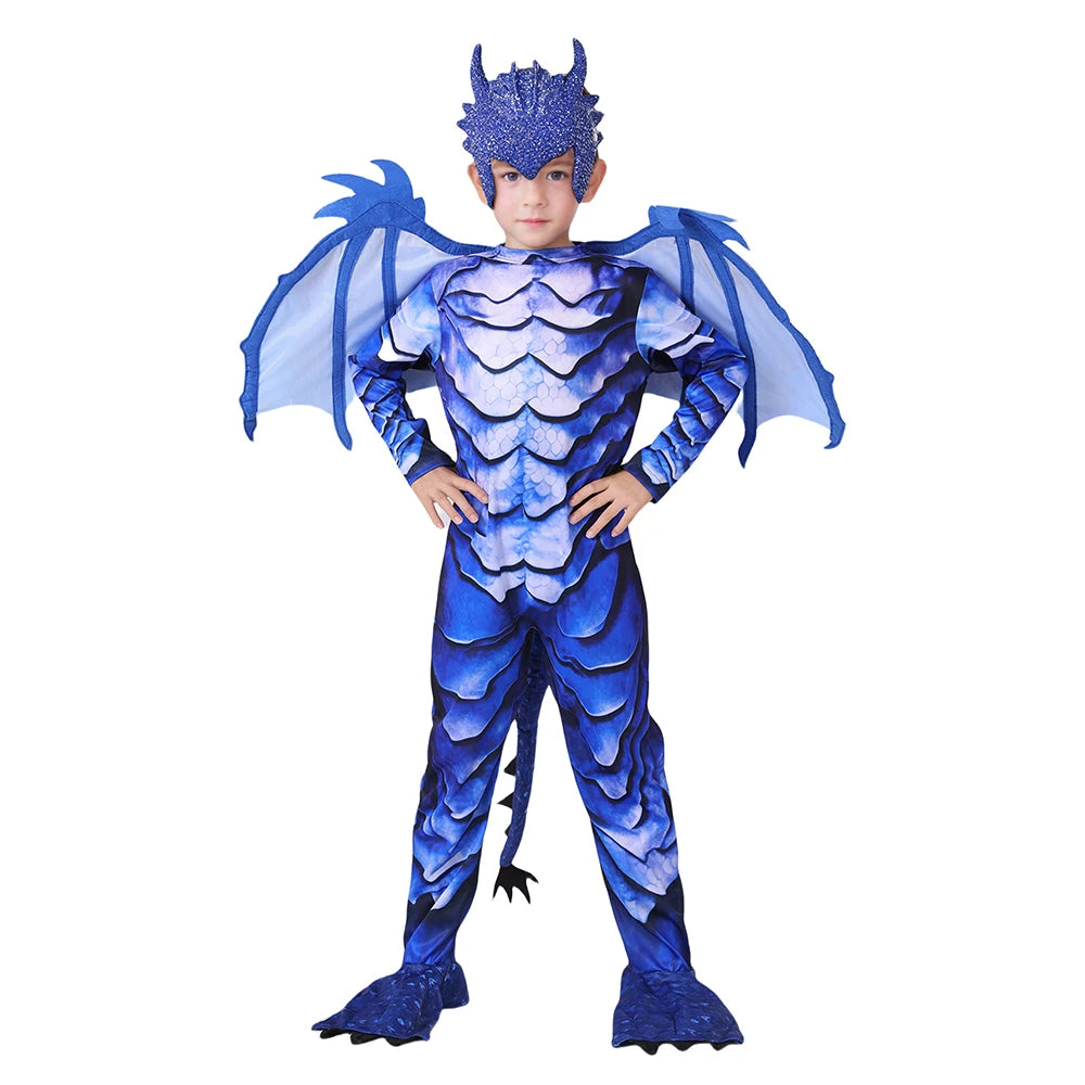 Blue Dragon Costume for Kids with Scale Print Jumpsuit, Wings, Padded Tail and Horned Mask for Halloween, Carnival and Fantasy Dress-Up