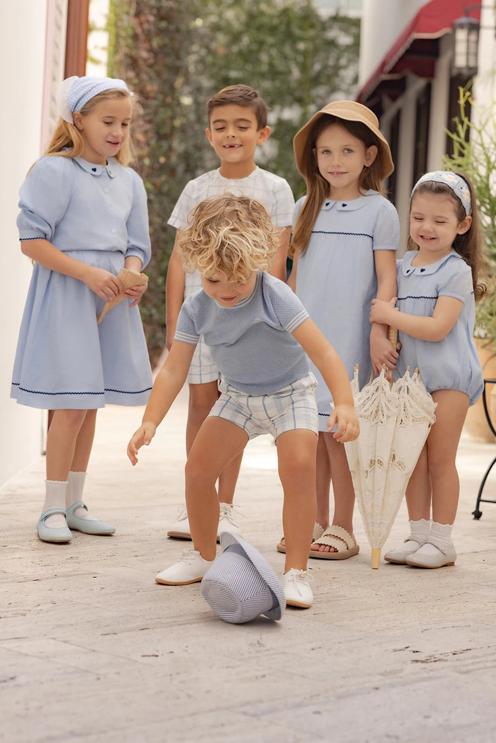 Light Blue Sibling Matching Outfits with Cotton Girls Collared Dresses, Baby Rompers and Boys Plaid Sets, Lyocell Knit Tops and White Separates