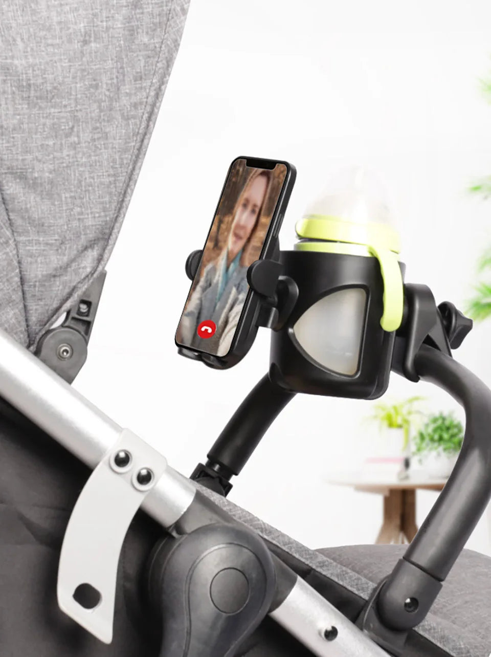 Stroller Drink and Phone Holder with Handlebar Clamp, Black Cup and Bottle Organizer with Separate Phone Cradle for Parent Walks and Family Outings