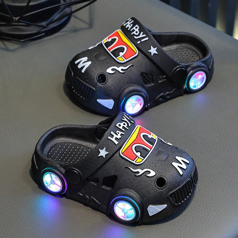 Kids Light-Up Car Clogs with Glowing Wheel Details, Ventilated Closed-Toe Design and Pivoting Heel Strap for Playful Summer Casual Outfits