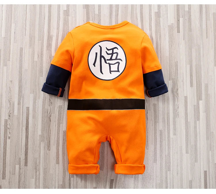 Orange Baby Romper with Training-Outfit Print, Contrast Long Sleeves and Snap Closures, Cotton One-Piece for Boys and Girls, Sizes 0-18M
