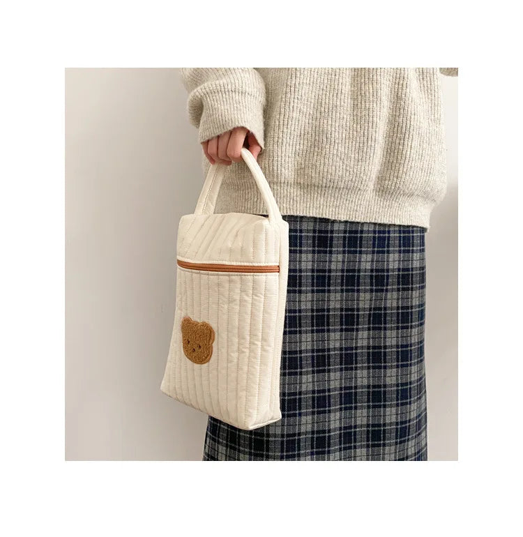 Quilted Diaper Bag with Bear Applique, Beige Cotton Zippered Baby Essentials Organizer with Carry Handle for Moms and Everyday Outings
