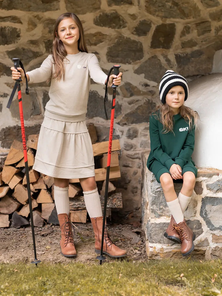 Kids Ski Graphic Cotton Outfits in Ecru, Hunter Green and Acid Wash Grey, Coordinating Sweatshirts, Dresses and Baby Sets for Sibling Matching Looks
