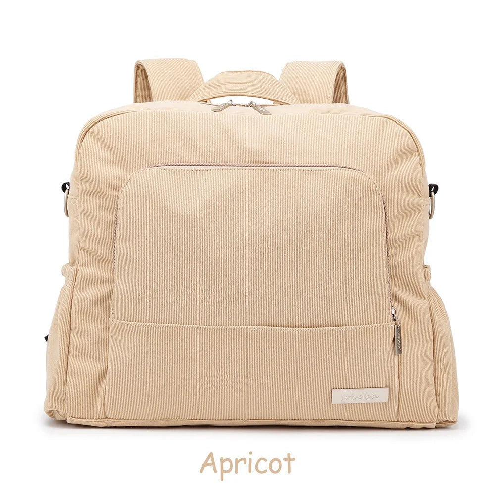 Corduroy Diaper Backpack by Soboba, Large Capacity Baby Changing Bag with Interior Pockets, Front Zip Storage and Side Pockets for Daily Outings