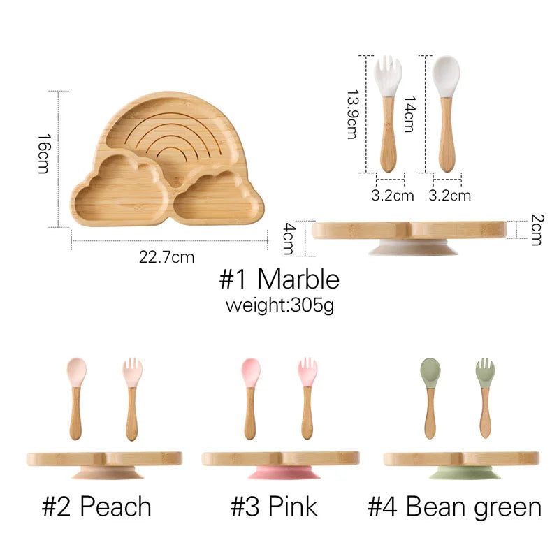 Bamboo Baby Suction Bowl and Tableware Options, Sun, Cloud and Dinosaur Designs with Single-Piece or 3-Piece Wooden-Handle Utensil Sets