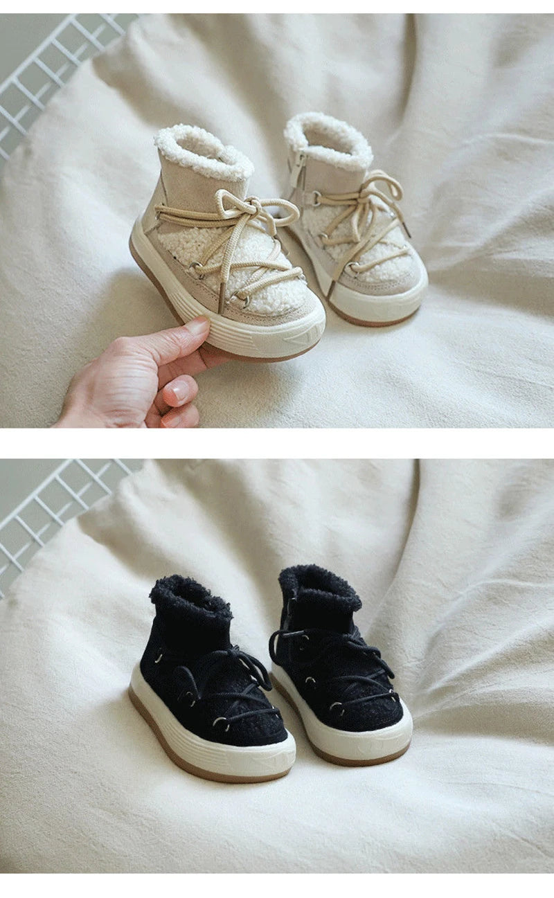 Toddler Plush Panel Lace-Up Boots with Rubber Soles and Cozy Cuffs, Beige, Black or Pink Winter Ankle Shoes for Boys and Girls, 12-15.5 cm Insoles