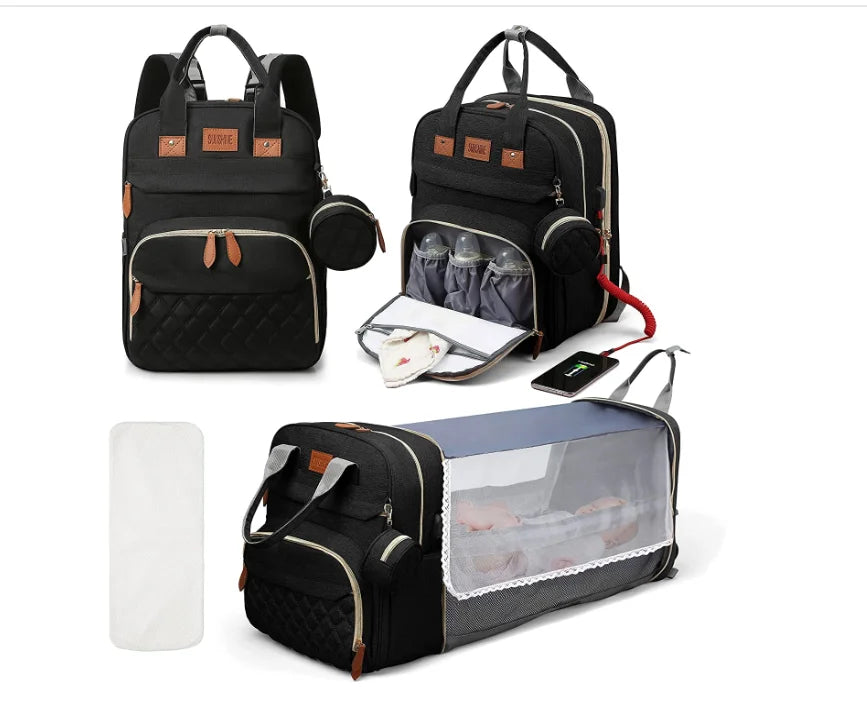 Diaper Backpack with USB Port and Fold-Out Changing Station, Type 1 and Type 3 Baby Essentials Bag with Organized Storage for Moms and Dads