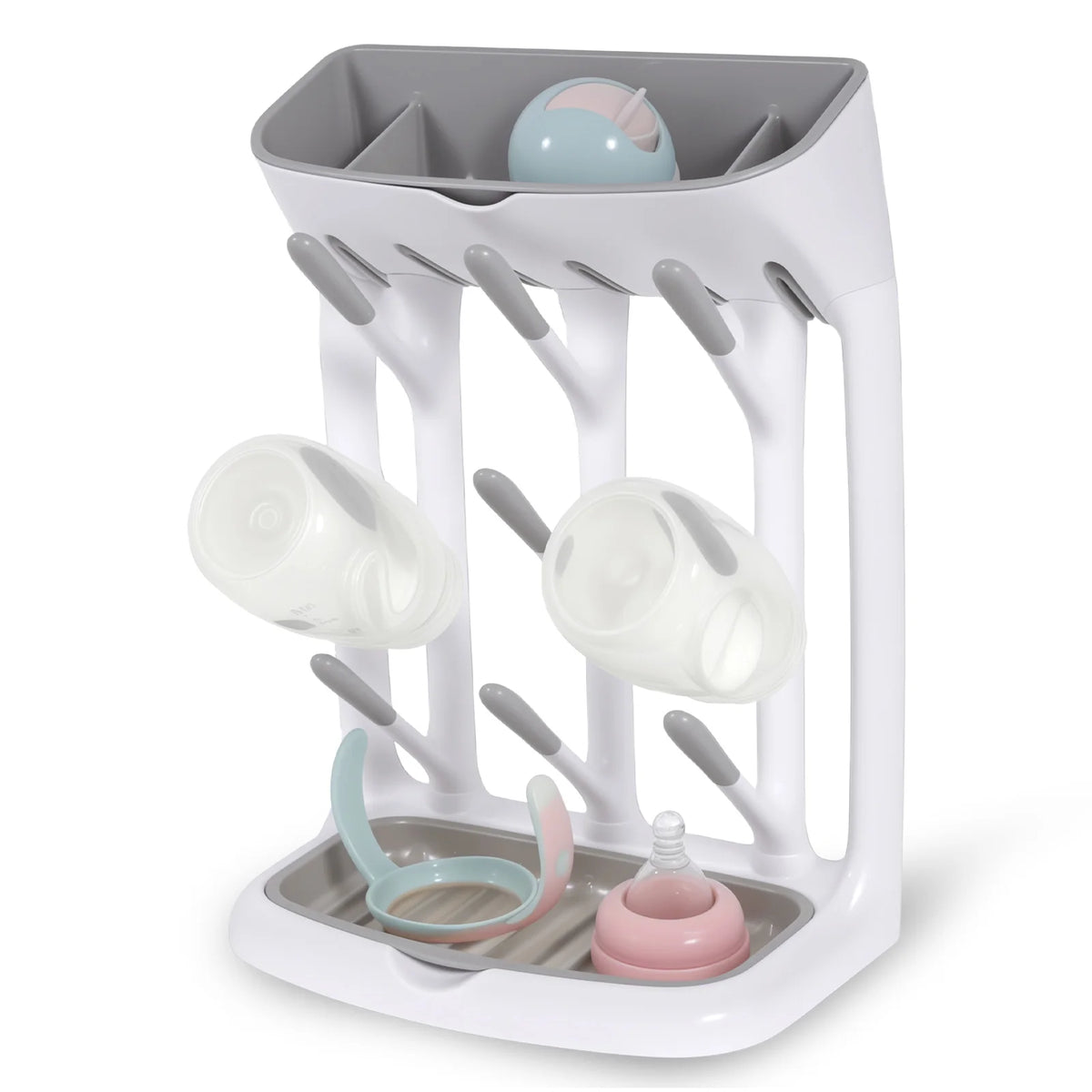 Angled-Holder Baby Bottle Drying Rack with Top Accessory Storage and Detachable Drain Tray, ABS and PP Countertop Feeding Organizer