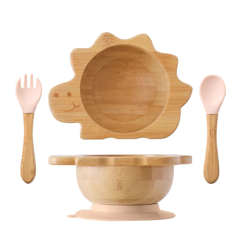 Bamboo Baby Suction Bowl and Tableware Options, Sun, Cloud and Dinosaur Designs with Single-Piece or 3-Piece Wooden-Handle Utensil Sets