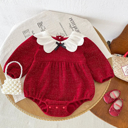 Baby Girl Christmas Romper with Petal Collar Style Options, Red and White Infant Holiday Outfit Designs for Family Photos, Sizes 66-90