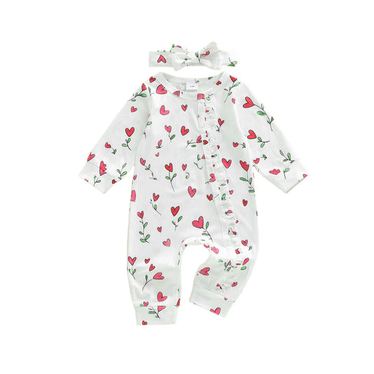 Heart Print Baby Girl Romper and Headband Set, Long Sleeve White Floral Jumpsuit with Ruffle Trim and Footless Legs for 1-18 Months