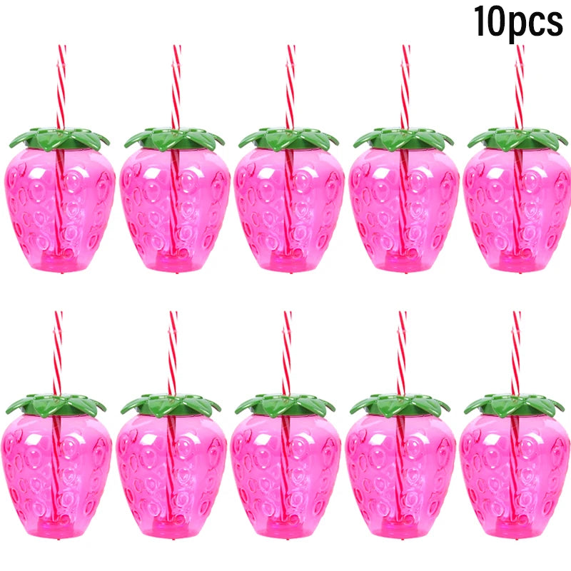 Fruit Shaped Party Cups in Pineapple, Coconut and Strawberry Designs, 6 or 10-Piece Plastic Drink Cup Sets for Luau Birthdays and Summer Celebrations