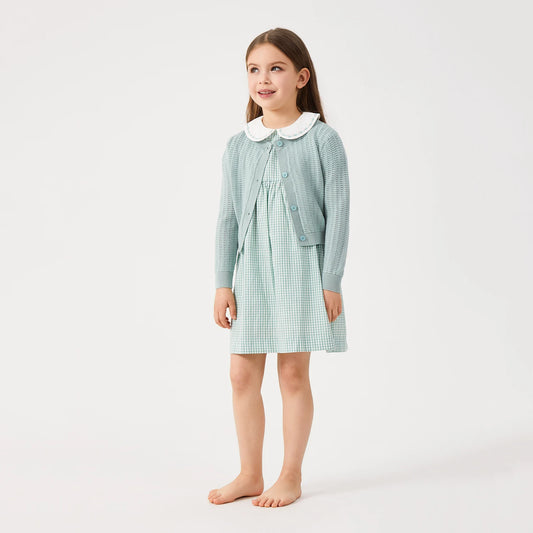 Sage Green Gingham Kids Outfits with Cotton Girls Dress and Baby Romper Options, Lyocell Knit Layers and Boys Separates for Sibling Family Photos