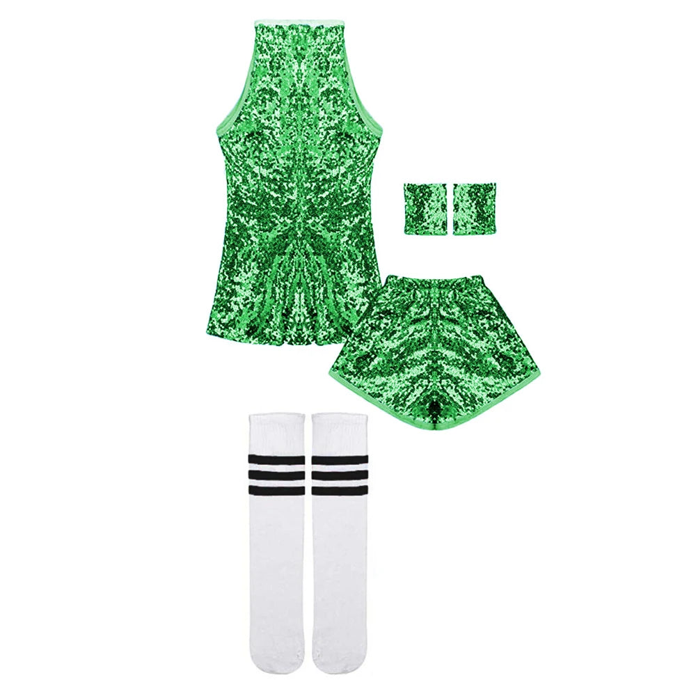 Girls Sequin Jazz Dance Costume with Sleeveless A-Line Dress, Shorts, Socks and Wristbands, Sparkly Hip Hop Stage Outfit for Ages 4-12