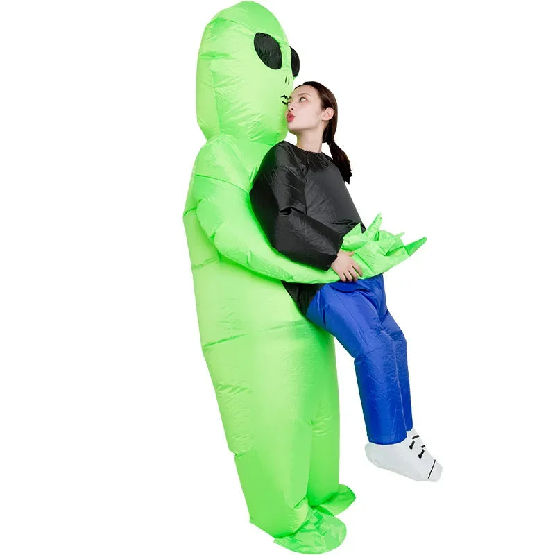 Carry-Me Alien Inflatable Costume for Kids and Adults, Green Abduction Illusion Suit with Fan and Battery Case for Halloween Parties and Stage Shows