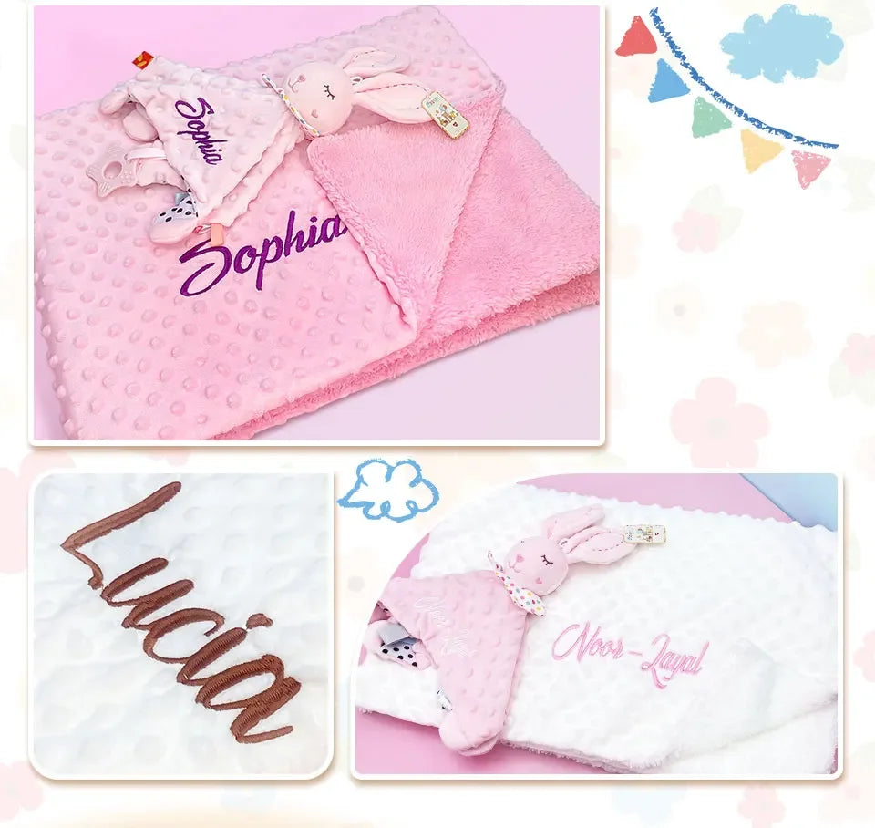 Embroidered Name Baby Blanket and Animal Comforter Options, Personalized Minky Bubble-Texture Keepsake with Single-Item and Two-Piece Gift Choices