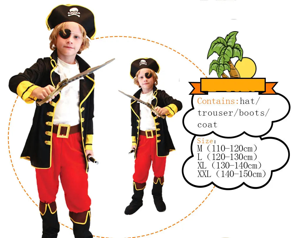 Kids Pirate Captain Costume Set with Hat, Eyepatch and Belt, Polyester Dress-Up Outfit for Halloween, Birthday Parties and Pretend Play