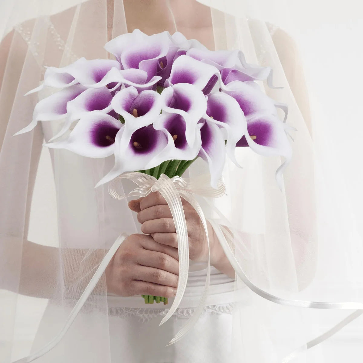 Artificial Calla Lily Flowers for Bridal Bouquets, Faux Floral Stems in Burgundy, Light Purple or White for Wedding and Home Table Decor