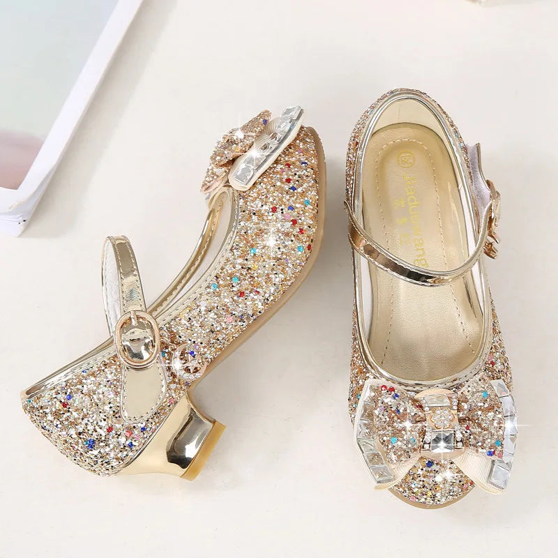 Bow-Accent Glitter Mary Jane Shoes for Girls with Buckled Strap and Block Heel, Sparkling Princess Dress Shoes for Parties and Weddings