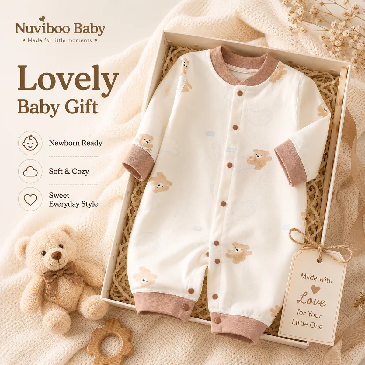 Long Sleeve Cotton Baby Romper with Front Snaps and Footless Cuffs, Animal Prints and Solid Colors for Boys and Girls, Sizes 59-90 cm