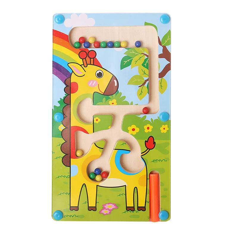 Magnetic Color Sorting Maze Board, Wooden Bead Puzzle with Tethered Wand for Montessori-Inspired Color Matching, Counting and Route Planning