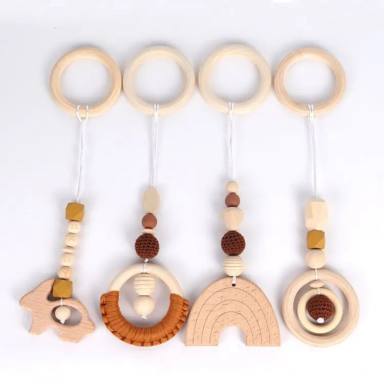 Beech Wood Baby Gym Toy Set, 4 Hanging Animal Pendants with Yarn Details and 5.8 cm Rings for Supervised Looking and Reaching, Frame Not Included