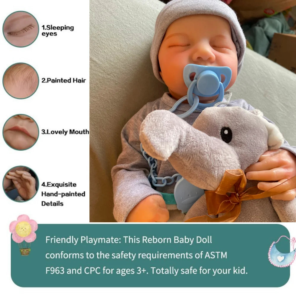 Levi Sleeping Reborn Baby Doll, 17-18 Inch Vinyl Boy or Genderless Cloth Body with Painted Hair, Gray Clothes, Pacifier, Bottle and Birth Card