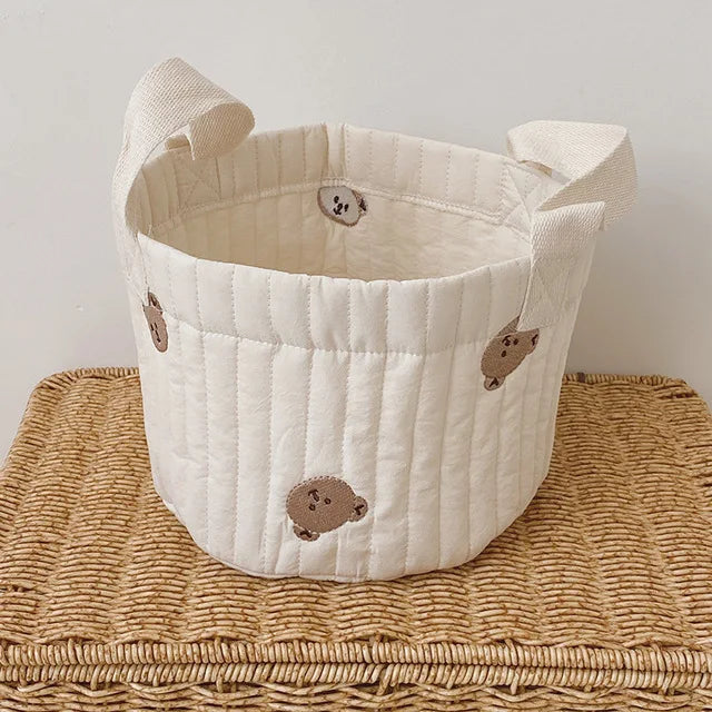 Diaper Storage Basket with Cute Bear Embroidery and Carry Handles, Quilted Nursery Organizer for Newborn Diapers, Toys and Baby Essentials