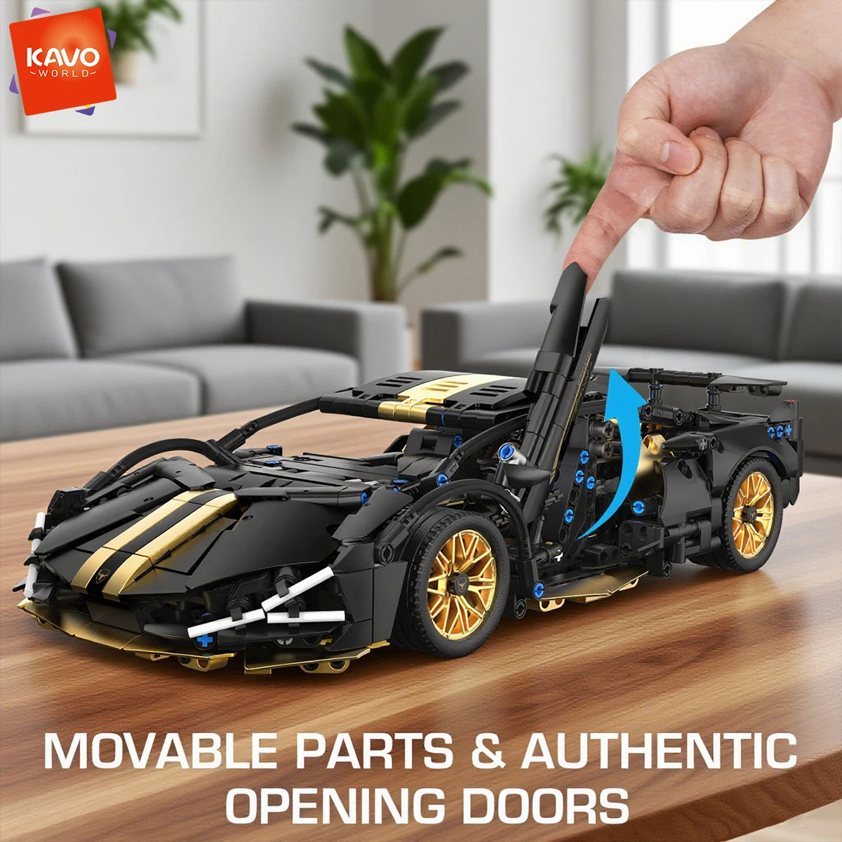 Supercar Building Set, 1280-Piece Black and Gold 1:14 Scale Sports Car Model with Adjustable Rear Wing and Opening Cockpit by KAVOWORLD