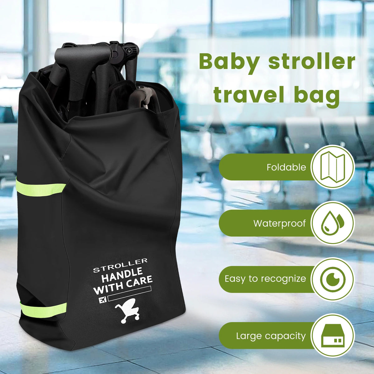 Stroller Transport Cover Bag in 300D Oxford Cloth, Black Drawstring Travel Storage with Carry Strap and Name Tag Area for Flights and Road Trips