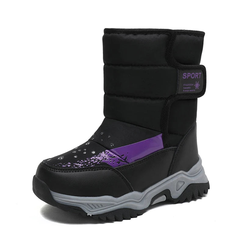 Kids Plush-Lined Winter Boots with Padded Shafts and Front Flap Closures, Pink or Purple Snow-Style Footwear for Boys and Girls