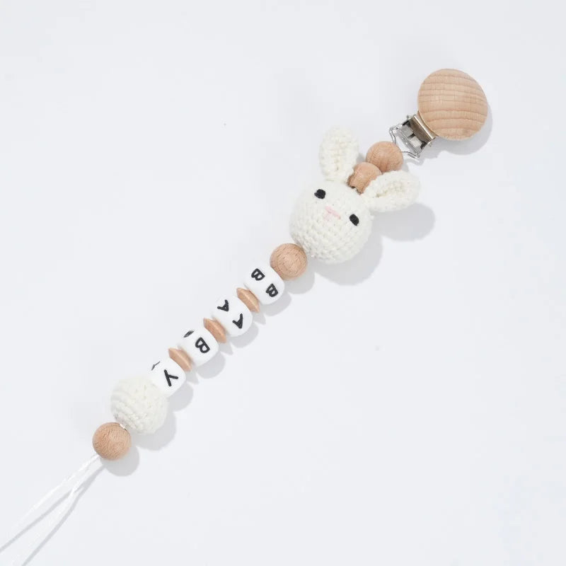Custom Name Pacifier Clip with Crochet Animal Detail, Beech Wood Holder and Letter Beads, Personalized Baby Shower Gift for Everyday Outings