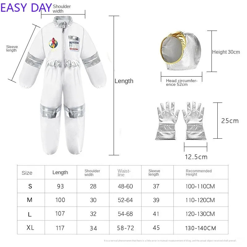 Space Explorer Costume for Kids with White Astronaut Jumpsuit, Space-Themed Patches and Metallic Trim Options for Halloween and Birthday Parties