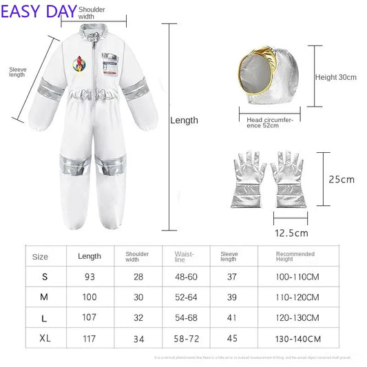 Space Explorer Costume for Kids with White Astronaut Jumpsuit, Space-Themed Patches and Metallic Trim Options for Halloween and Birthday Parties